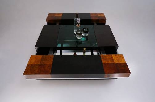 Willy Rizzo bar table, burl wood, glass, chrome, 1970`s, Italian